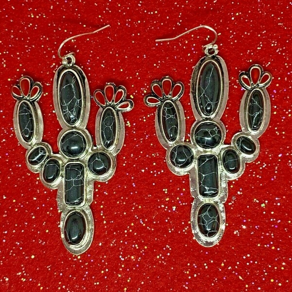 Black Saguaro Cactus Black Turquoise Red Earrings - Picture 7 of 9